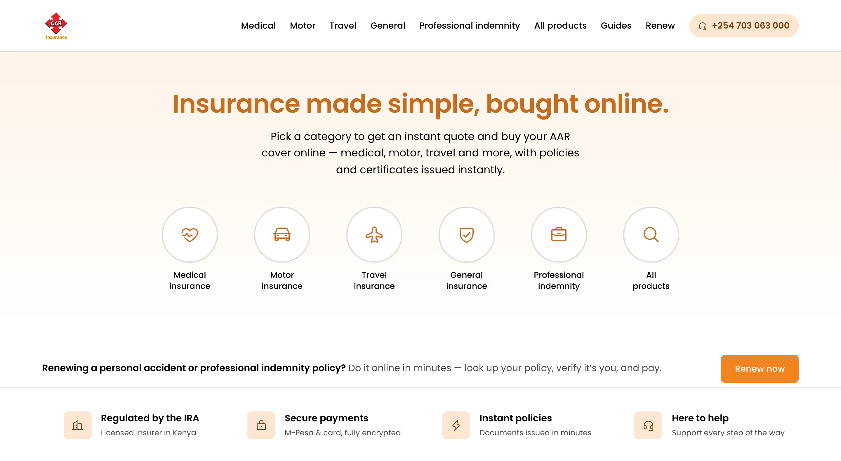 The AAR Insurance home page, with a quote shortcut for each type of cover.